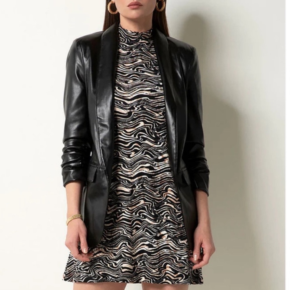 Women's Black Leather Cropped Sleeve Blazer